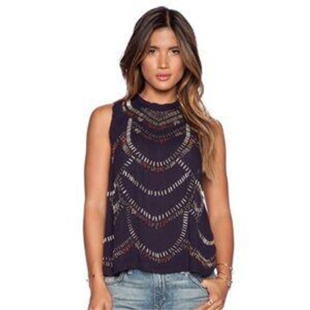 Free People Ferris Wheel Beaded Tunic Top Womens Large Black Boho Split Back